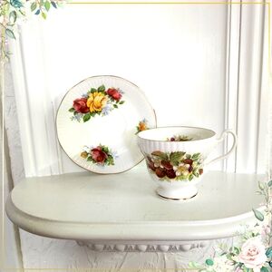 Royal Minster Pedestal Cup And Saucer - White With Red Strawberries - England